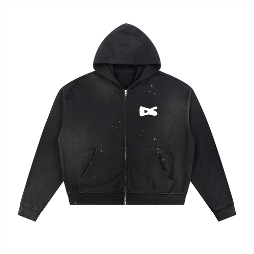 Sun Fade Frayed Raw Edge Fleece Zip Hoodie